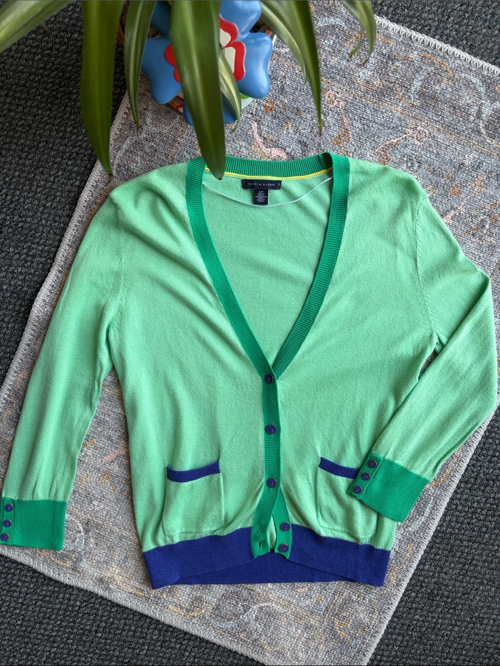 Tommy Hilfiger Light Green V-Neck Contrast Trim Cardigan with Navy Accents